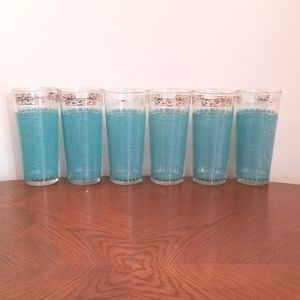 Turquoise burlap pattern drinking glasses. Mid-centry. Set of 6.